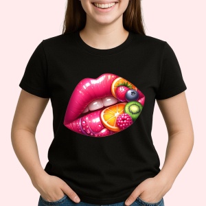 Tricou Buze femeie capsuni si portocala, Lip gloss, Copii | Dama, culoare negru - Img 2