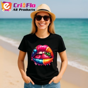 Tricou Buze femeie capsuni si portocala, Lip gloss, Copii | Dama, culoare negru - Img 6