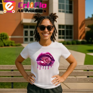 Tricou Buze femeie cu efect metalic si trandafir roz, Lip gloss, Copii | Dama - Img 17