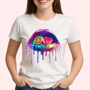 Tricou Buze femeie cu trandafir roz si stropi mov, Lip gloss, Copii | Dama - Img 3