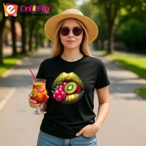 Tricou Buze femeie jumatate rosu jumatate negru cu trandafiri, Lip gloss, Copii | Dama, culoare negru - Img 9