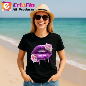 Tricou Buze femeie jumatate rosu jumatate negru cu trandafiri, Lip gloss, Copii | Dama, culoare negru - Img 17