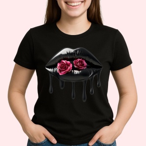 Tricou Buze femeie mov cu trandafiri si picaturi roz, Lip gloss, Copii | Dama, culoare negru - Img 2