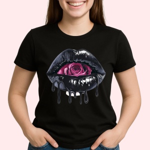 Tricou Buze femeie negre cu trandafir roz deschis, Lip gloss, Copii | Dama, culoare negru - Img 2