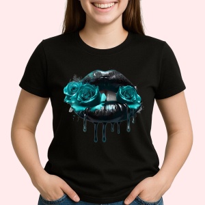 Tricou Buze femeie negre cu trandafiri rosii luciosi, Lip gloss, Copii | Dama, culoare negru - Img 3