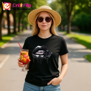 Tricou Buze femeie negre cu trandafiri turcoaz luminosi, Lip gloss, Copii | Dama, culoare negru - Img 15