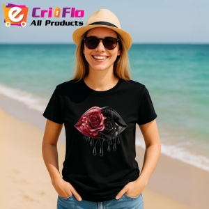 Tricou Buze femeie rosii si negre cu trandafir bicolor, Lip gloss, Copii | Dama, culoare negru - Img 6