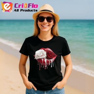 Tricou Buze femeie rosu si alb cu trandafiri duali, Lip gloss, Copii | Dama, culoare negru - Img 5