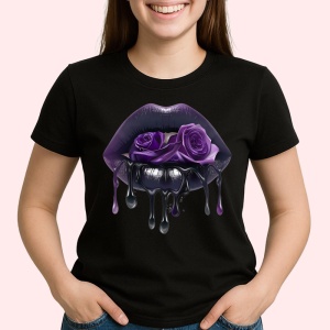 Tricou Buze femeie turcoaz inchis cu trandafiri albastri, Lip gloss, Copii | Dama, culoare negru - Img 2