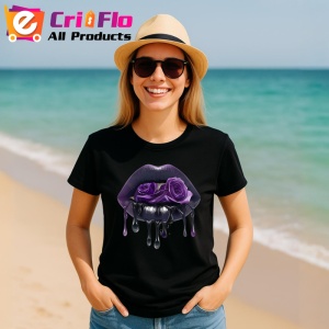Tricou Buze femeie violet cu trandafiri roz si mov, Lip gloss, Copii | Dama, culoare negru - Img 6
