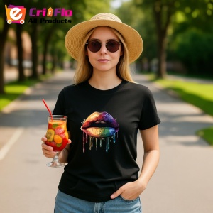 Tricou Buze inflacarate cu scurgere fundal alb Copii | Dama | Barbat, culoare negru - Img 8