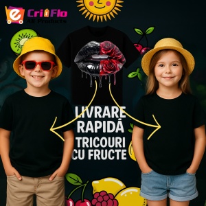 Tricou Buze jumatate rosu jumatate negru cu trandafiri, Lip gloss, Copii | Dama, culoare negru - Img 7