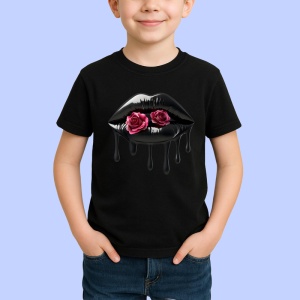 Tricou Buze negre cu doi trandafiri rosii, Lip gloss, Copii | Dama, culoare negru