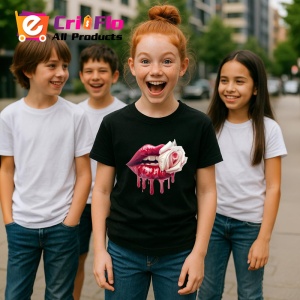 Tricou Buze rosii cu trandafir alb contrastant, Lip gloss, Copii | Dama, culoare negru - Img 17