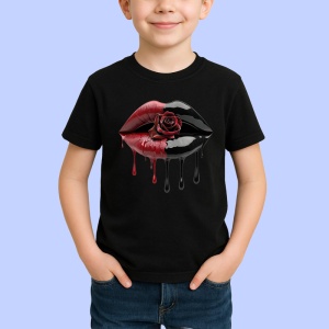 Tricou Buze rosu si negru cu trandafir central, Lip gloss, Copii | Dama, culoare negru - Img 2