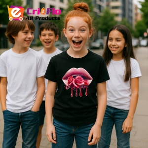 Tricou Buze rosu si negru cu trandafir central, Lip gloss, Copii | Dama, culoare negru - Img 17