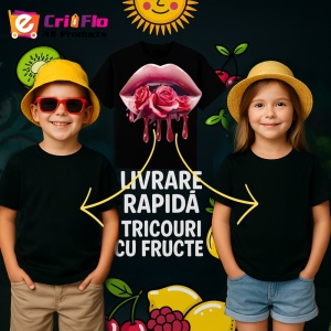 Tricou Buze rosu si negru cu trandafir central, Lip gloss, Copii | Dama, culoare negru - Img 18