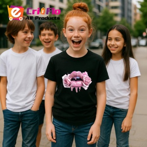 Tricou Buze roz lucios cu trandafiri pastel, Lip gloss, Copii | Dama, culoare negru - Img 6