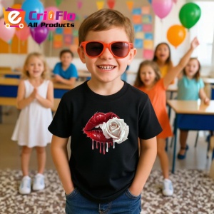 Tricou Buze roz lucios cu trandafiri pastel, Lip gloss, Copii | Dama, culoare negru - Img 16