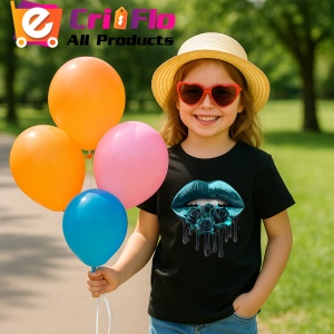 Tricou Buze turcoaz cu trandafiri roz pal, Lip gloss, Copii | Dama, culoare negru - Img 9