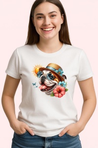 Tricou caine bulldog englez palarie flori cocktail soare, Copii | Dama | Barbat