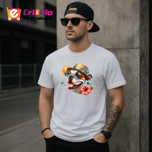 Tricou caine bulldog englez palarie flori cocktail soare, Copii | Dama | Barbat - Img 4