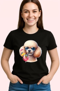 Tricou Caine pudel crem ochelari cocktail roz cu pai, Copii | Dama | Barbat , tricou negru - Img 3