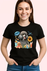 Tricou Caine pudel negru cos picnic cocktail flori, Copii | Dama | Barbat , tricou negru - Img 3