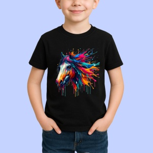 Tricou Cal realist cu pete curcubeu fundal alb Copii | Dama | Barbat, culoare negru - Img 3