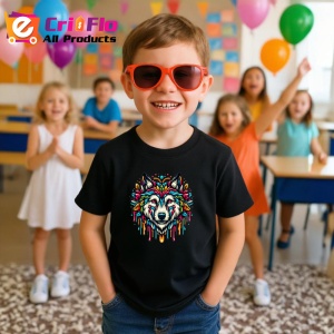 Tricou Cap de lup cu inima si flori stil modern Copii | Dama | Barbat, culoare negru - Img 1