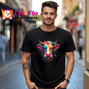 Tricou Cap vaca colorat stil graffiti arta moderna vibranta Copii | Dama | Barbat, culoare negru - Img 6