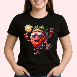 Tricou Capsuna amuzanta de vara dansator in soare, Fructe, Copii | Dama, culoare negru - Img 2