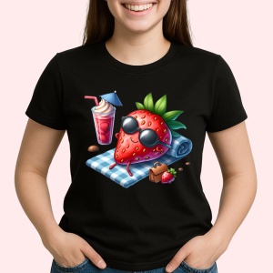 Tricou Capsuna amuzanta de vara la plaja, Fructe, Copii | Dama, culoare negru - Img 2