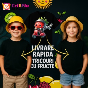 Tricou Capsuna amuzanta de vara pe scuter, Fructe, Copii | Dama, culoare negru - Img 6