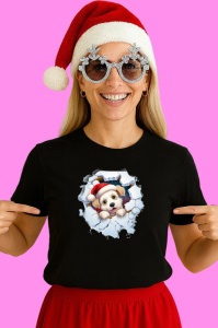Tricou Catel Cu Caciula Rosie Si Fundal Alb Craciun, din bumbac 100% Copii | Dama | Barbat - Img 3