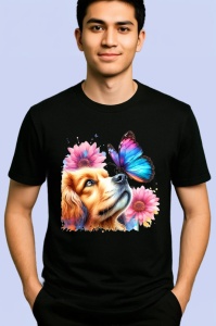 Tricou Cavalier King Charles Spaniel cu fluture violet si margarete Copii | Dama | Barbat, negru - Img 2
