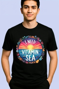Tricou Cerc colorat cu soare text i need vitamin sea vacanta tropicala Copii | Dama | Barbat, negru - Img 2