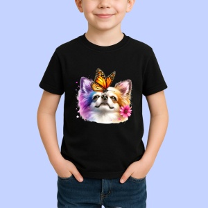 Tricou Chihuahua alb cu fluture portocaliu pe cap design de poveste Copii | Dama | Barbat, negru - Img 3