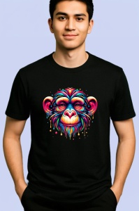 Tricou Cimpanzeu in stil graffiti cu tonuri rosii si albastre Copii | Dama | Barbat, culoare negru - Img 2