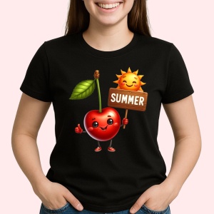 Tricou Cireasa de vara amuzanta summer, Fructe, Copii | Dama, culoare negru - Img 2