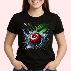 Tricou Cireasa si valuri de apa, Fructe, Copii | Dama, culoare negru - Img 2