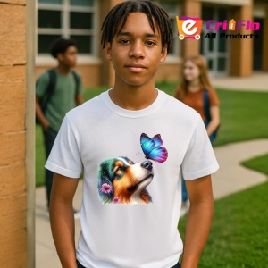 Tricou Collie australian cu fluture mov si roz pe nas design pastelat Copii | Dama | Barbat Barbat - Img 5