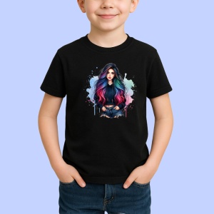 Tricou Colorful hair tattoo girl, fata cu par colorat si tatuaj, Copii | Dama | Barbat , tricou negru - Img 2
