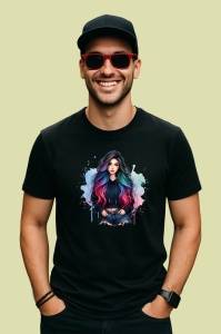 Tricou Colorful hair tattoo girl, fata cu par colorat si tatuaj, Copii | Dama | Barbat , tricou negru - Img 3
