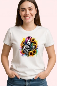 Tricou colorful skull and girl sunflowers, fata si craniu colorat cu floarea soarelui, Copii | Dama | Barbat - Img 3