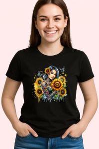 Tricou Confident girl sunflowers and butterflies, fata increzatoare cu flori si fluturi, Copii | Dama | Barbat , tricou negru - Img 3