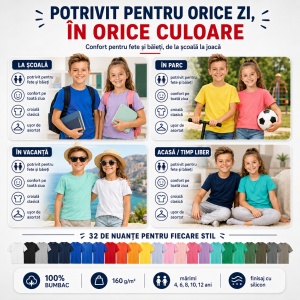 Tricou copii 100% bumbac,pentru fete și băieți 160 gm/², 32 nuanțe, mărimi 4–12 ani - Img 8