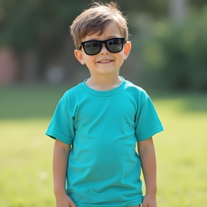 Copil purtând ochelari de soare și tricou turcoaz în aer liber