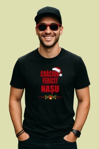 Tricou Craciun Fericit Nasu Decor, din bumbac 100%, tricou negru, Dama | Barbat - Img 2