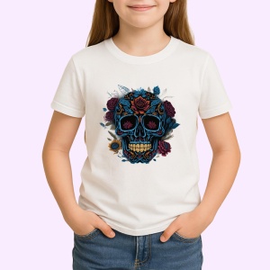 Tricou Craniu albastru cu flori violet si detalii aurii Copii | Dama | Barbat - Img 4